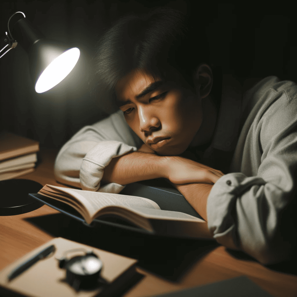 一個患有嗜睡症的男人睡在桌子上,手裡拿著一本書和一盞燈。